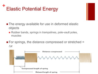 +
    Elastic Potential Energy

     Theenergy available for use in deformed elastic
     objects
        Rubber bands, springs in trampolines, pole-vault poles,
         muscles

     For    springs, the distance compressed or stretched =
         x
 