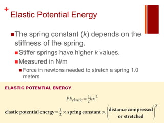 +
    Elastic Potential Energy

    The   spring constant (k) depends on the
     stiffness of the spring.
      Stiffer
            springs have higher k values.
      Measured in N/m
       Force in newtons needed to stretch a spring 1.0
        meters
 