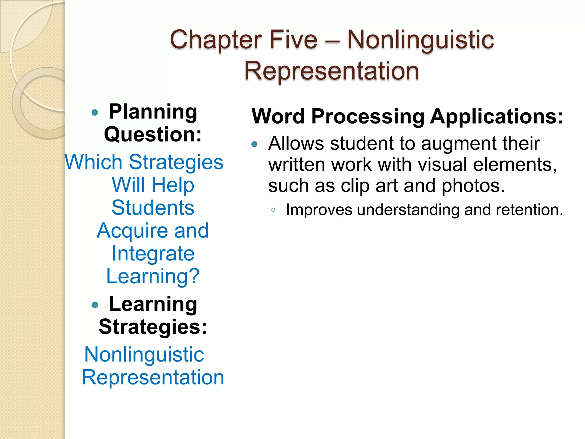 Chapter Five – Nonlinguistic
               Representation
   Planning       Word Processing Applications:
   Question:          Allows student to augment their
Which Strategies       written work with visual elements,
    Will Help          such as clip art and photos.
    Students           ◦ Improves understanding and retention.
   Acquire and
    Integrate
    Learning?
   Learning
   Strategies:
 Nonlinguistic
 Representation
 