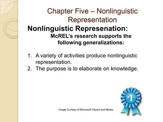 Chapter Five – Nonlinguistic
           Representation
Nonlinguistic Represenation:
         McREL’s research supports the
           following generalizations:

1. A variety of activities produce nonlinguistic
   representation.
2. The purpose is to elaborate on knowledge.




             Image Curtsey of Microsoft Clipart and Media
 