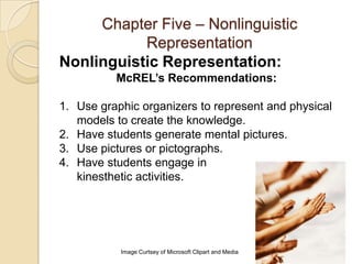 Chapter Five – Nonlinguistic
           Representation
Nonlinguistic Representation:
          McREL’s Recommendations:

1. Use graphic organizers to represent and physical
   models to create the knowledge.
2. Have students generate mental pictures.
3. Use pictures or pictographs.
4. Have students engage in
   kinesthetic activities.




           Image Curtsey of Microsoft Clipart and Media
 