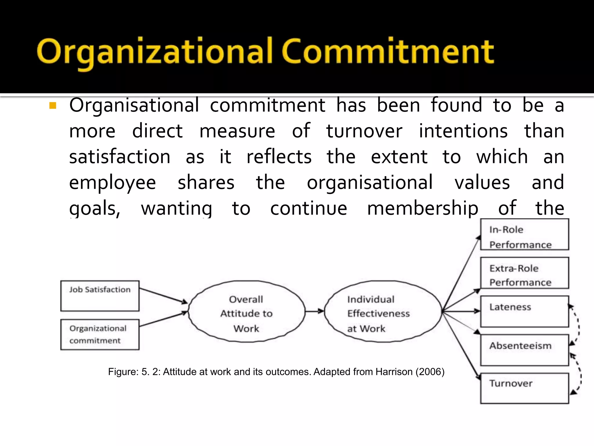    Organisational commitment has been found to be a
    more direct measure of turnover intentions than
    satisfaction as it reflects the extent to which an
    employee shares the organisational values and
    goals, wanting to continue membership of the
    organisation and willing to work hard for it




       Figure: 5. 2: Attitude at work and its outcomes. Adapted from Harrison (2006)
 
