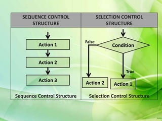 SEQUENCE CONTROL                  SELECTION CONTROL
      STRUCTURE                          STRUCTURE


                             False
         Action 1                         Condition


         Action 2
                                                True
         Action 3            Action 2      Action 1

Sequence Control Structure     Selection Control Structure
 
