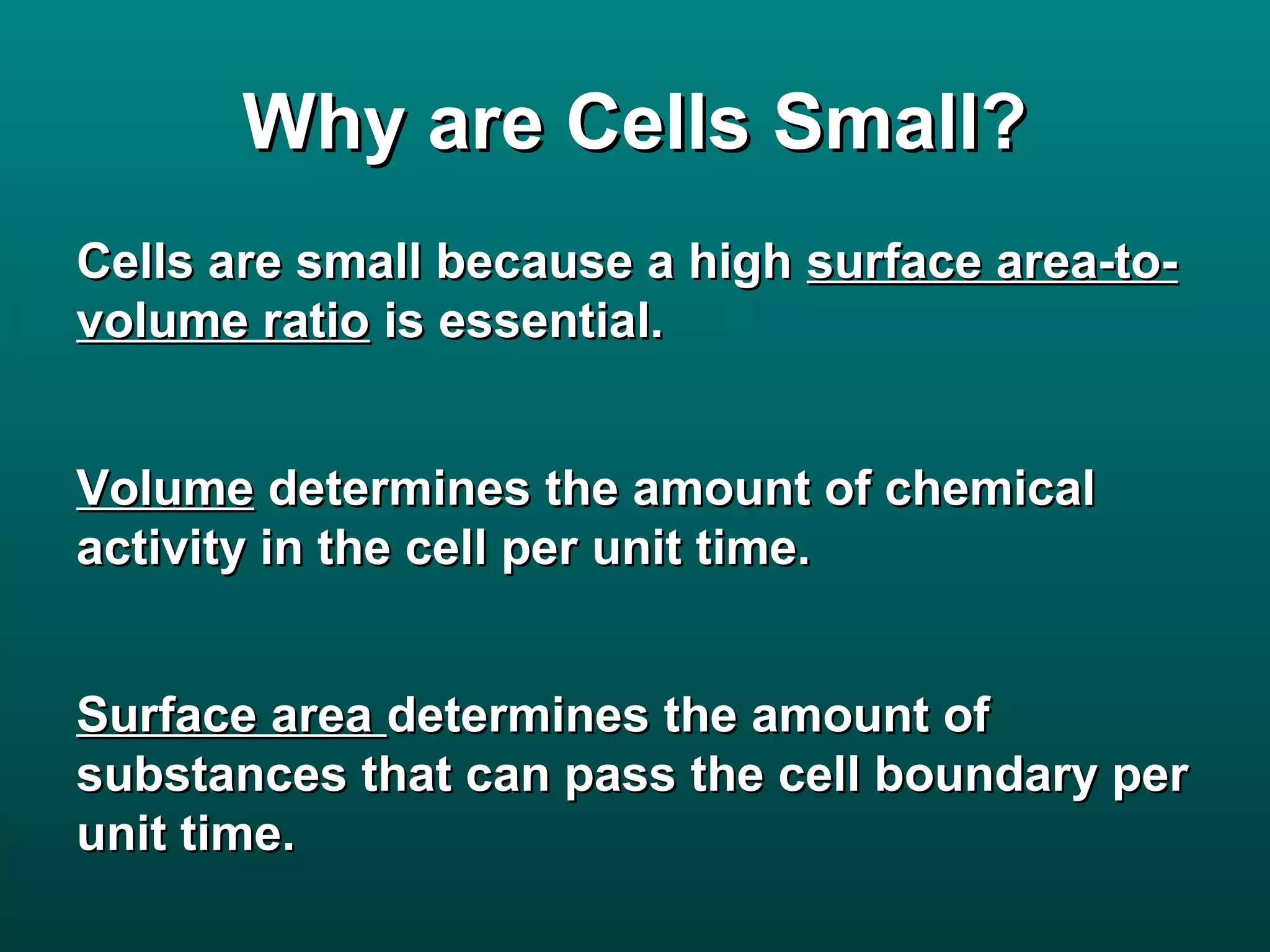 Why are Cells Small?
Cells are small because a high surface area-to-
volume ratio is essential.


Volume determines the amount of chemical
activity in the cell per unit time.


Surface area determines the amount of
substances that can pass the cell boundary per
unit time.
 