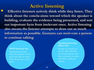 Active listening
     Effective listeners actively think while they listen. They
    think about the conclu­sions toward which the speaker is
    building, evaluate the evidence being presented, and sort
    out important facts from irrelevant ones. Active listening
    also means the listener attempts to draw out as much
    information as possible. Gestures can moti­vate a person
    to continue talking
                                           Speaking-listening
                                           differential
       80-20 listening rule                People can speak at a
       Salespeople should                  rate of only 120-160
       listen 80 percent of the            words per minute, but
       time and talk no more               they can listen to more
       than 20 percent of the              than 800 words per
       time.                               minute.

                                     32
 
