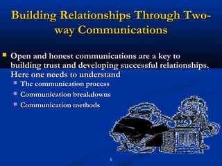 Building Relationships Through Two-
            way Communications
   Open and honest communications are a key to
    building trust and developing successful relationships.
    Here one needs to understand
       The communication process
       Communication breakdowns
       Communication methods




                                5
 