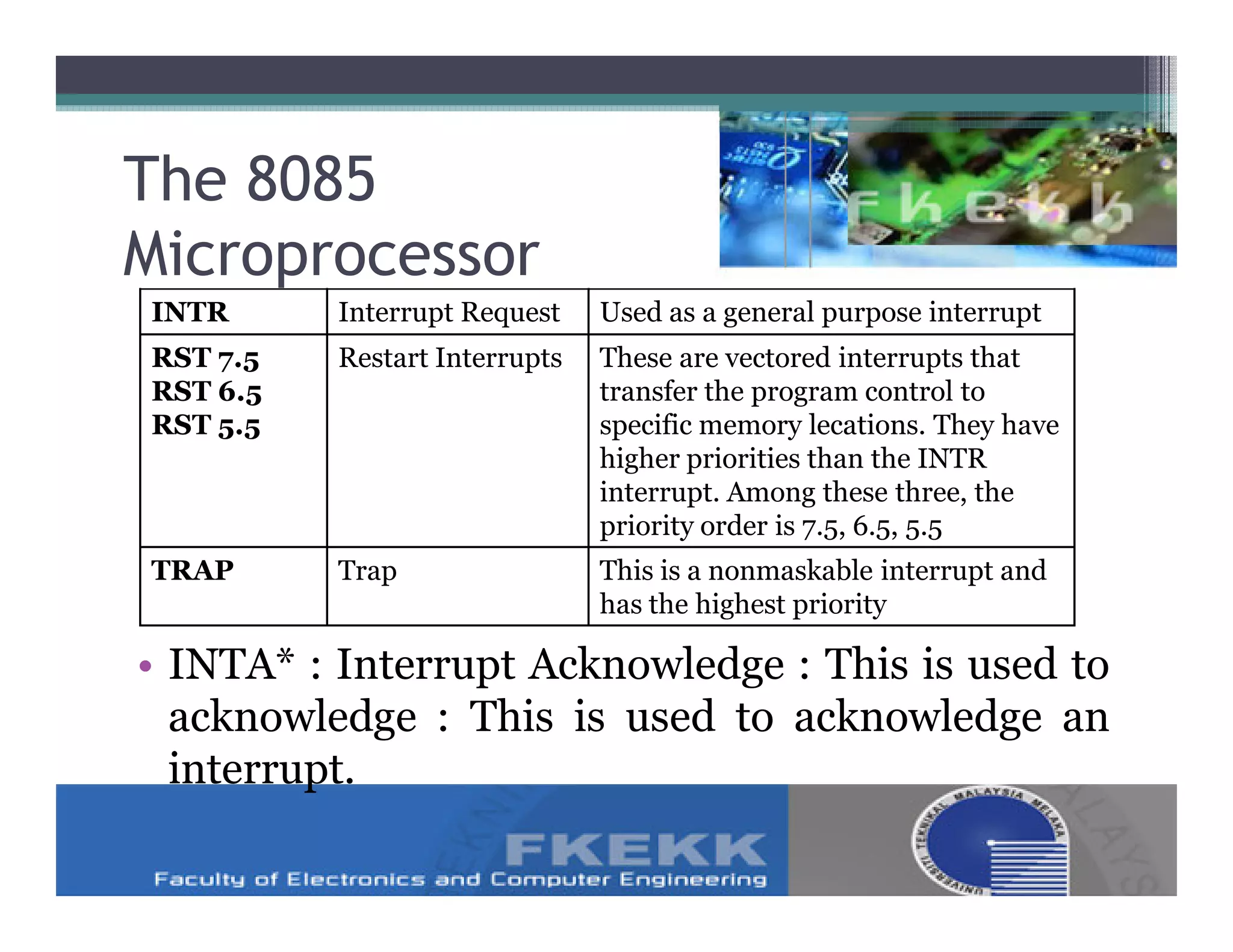 The 8085
Microprocessor
INTR      Interrupt Request    Used as a general purpose interrupt
RST 7.5   Restart Interrupts   These are vectored interrupts that
RST 6.5                        transfer the program control to
RST 5.5                        specific memory lecations. They have
                               higher priorities than the INTR
                               interrupt. Among these three, the
                               priority order is 7.5, 6.5, 5.5
TRAP      Trap                 This is a nonmaskable interrupt and
                               has the highest priority

• INTA* : Interrupt Acknowledge : This is used to
  acknowledge : This is used to acknowledge an
  interrupt.
 