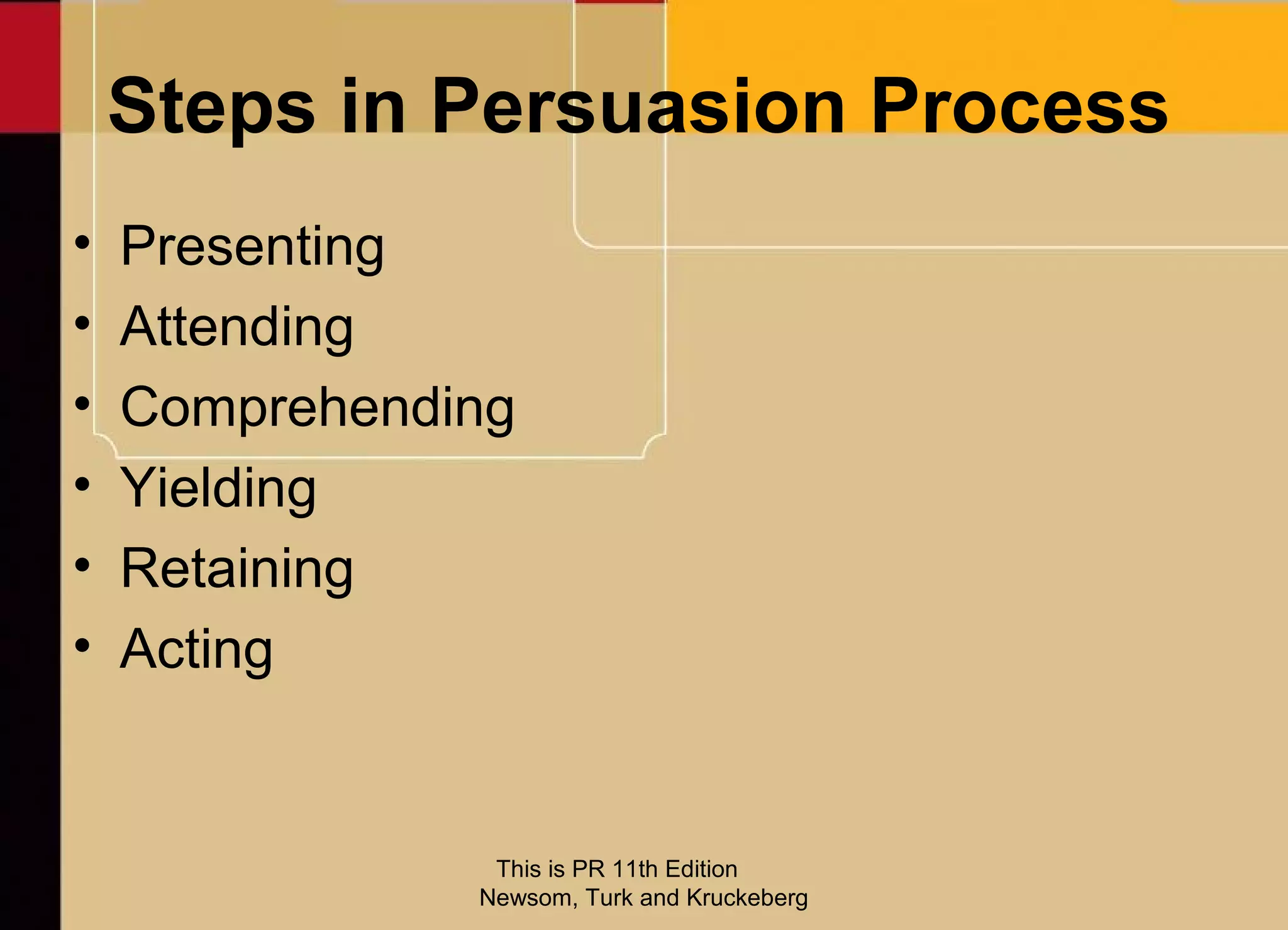 Steps in Persuasion Process
•   Presenting
•   Attending
•   Comprehending
•   Yielding
•   Retaining
•   Acting


                This is PR 11th Edition
               Newsom, Turk and Kruckeberg
 