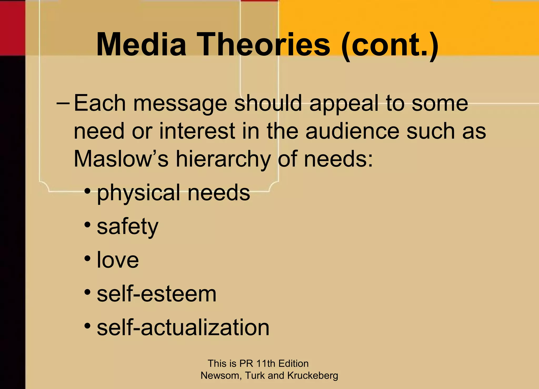 Media Theories (cont.)
– Each message should appeal to some
  need or interest in the audience such as
  Maslow’s hierarchy of needs:
   • physical needs
   • safety
   • love
   • self-esteem
   • self-actualization
               This is PR 11th Edition
              Newsom, Turk and Kruckeberg
 