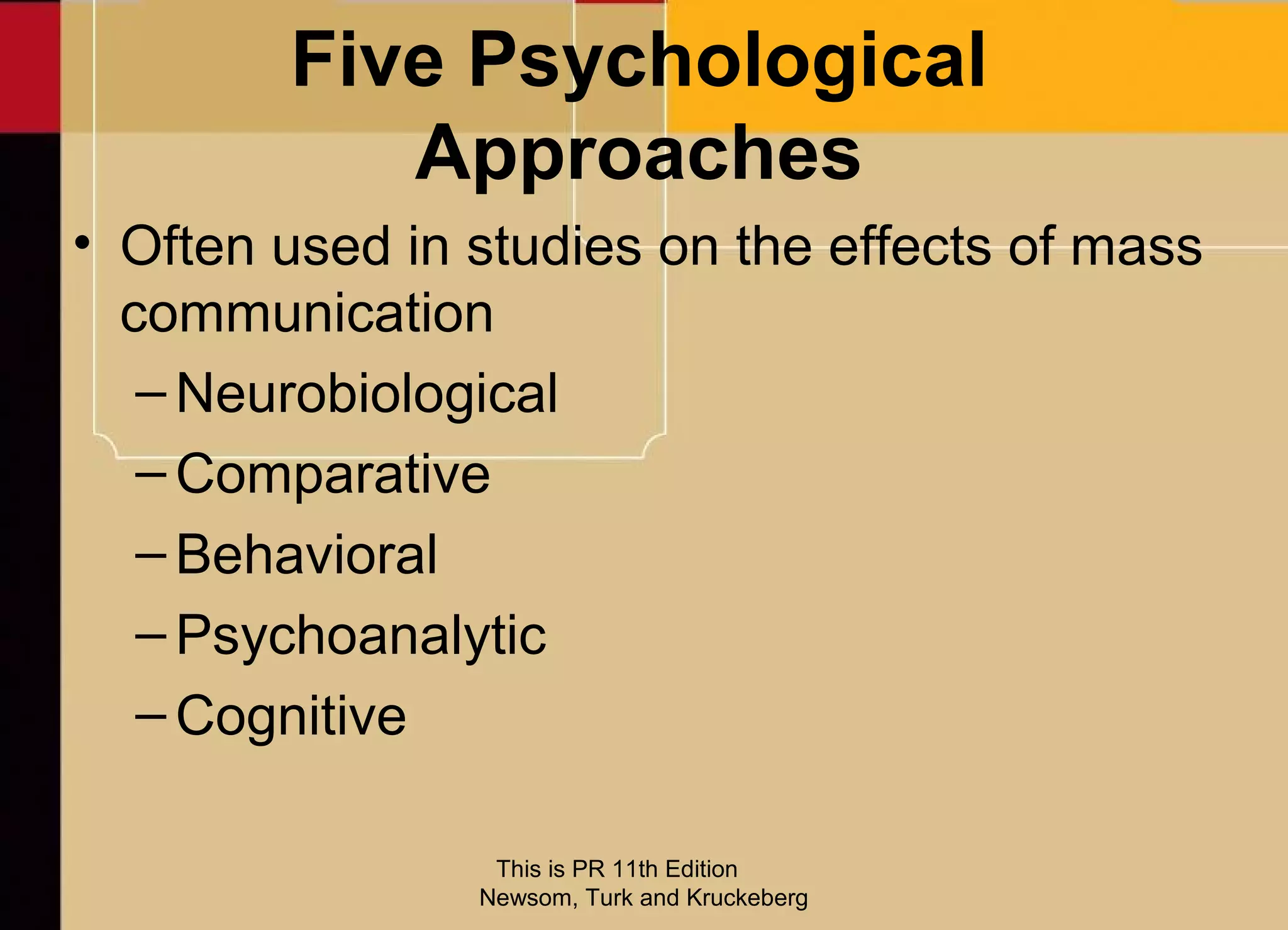Five Psychological
           Approaches
• Often used in studies on the effects of mass
  communication
   – Neurobiological
   – Comparative
   – Behavioral
   – Psychoanalytic
   – Cognitive

                 This is PR 11th Edition
                Newsom, Turk and Kruckeberg
 