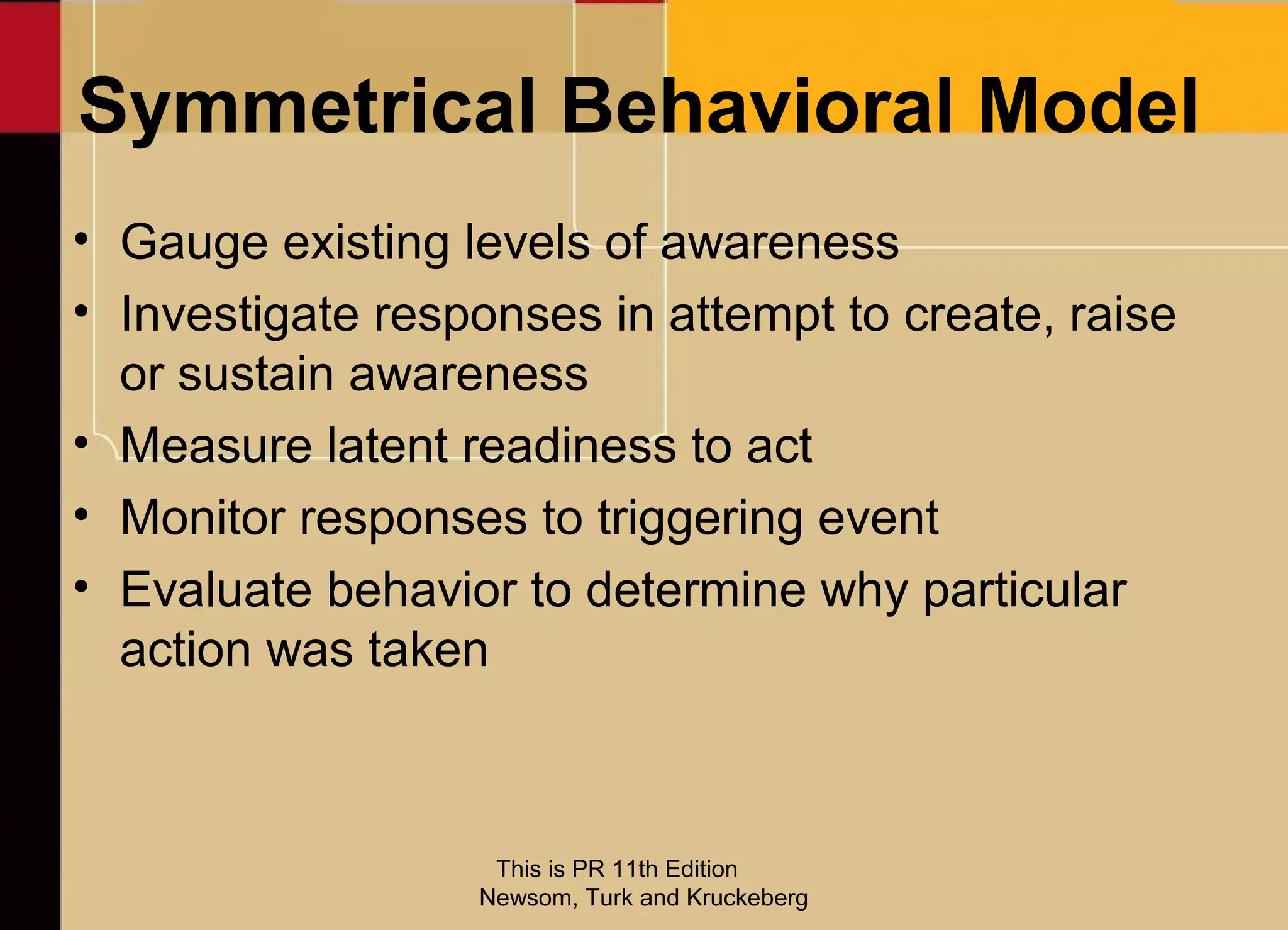 Symmetrical Behavioral Model
• Gauge existing levels of awareness
• Investigate responses in attempt to create, raise
  or sustain awareness
• Measure latent readiness to act
• Monitor responses to triggering event
• Evaluate behavior to determine why particular
  action was taken



                   This is PR 11th Edition
                  Newsom, Turk and Kruckeberg
 