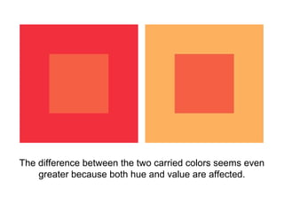 The difference between the two carried colors seems even
    greater because both hue and value are affected.
 
