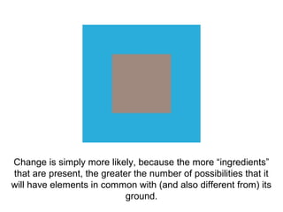Change is simply more likely, because the more “ingredients”
that are present, the greater the number of possibilities that it
will have elements in common with (and also different from) its
                            ground.
 
