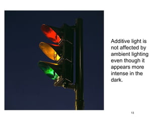 Additive light is
not affected by
ambient lighting
even though it
appears more
intense in the
dark.




         13
 