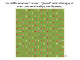 No matter what word is used, “ground” means background
        when color relationships are discussed.




                                              26
 