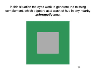 In this situation the eyes work to generate the missing
complement, which appears as a wash of hue in any nearby
                      achromatic area.




                                                58
 