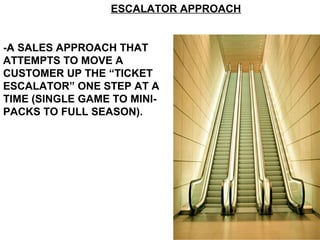 ESCALATOR APPROACH


-A SALES APPROACH THAT
ATTEMPTS TO MOVE A
CUSTOMER UP THE “TICKET
ESCALATOR” ONE STEP AT A
TIME (SINGLE GAME TO MINI-
PACKS TO FULL SEASON).
 