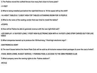 1) The Padres moved the outfield fences how many feet closer to home plate?

-11 FEET

2) What is being installed just behind the right-field fence to fill the space left by the shift?

-14 4-SEAT TABLES & 7 2-SEAT HIGH-TOP TABLES & STANDING ROOM FOR 10 PEOPLE

3) What is the name of the seating vendor that was hired to install the tables?

-4TOPPS

4) How will be Padres be able to generate revenue with the new right-field wall?

-LED DISPLAY: A 105-FOOT-LONG, 7-FOOT HIGH SLECTRONIC SIGN WITH A 14-FOOT-LONG STRIP CARVED OUT FOR LIVE
VIDEO

5) What companies teamed up to produce the 105-foot-long, 7-foot-high electronic sign?

-DAKTRONICS & SONY

6) The new 6 boxes behind the Home Plate Club will be sold as all-inclusive season-ticket packages & cover the cost of what?

-FOOD, BEER & WINE, IN-SEAT SERVICE, 1 PARKING PASS, & ACCESS TO THE OMNI PREMIER CLUB

7) What company owns the naming rights to the Padres stadium?

-PETCO
 