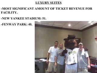 LUXURY SUITES
-MOST SIGNIFICANT AMOUNT OF TICKET REVENUE FOR
FACILITY.
-NEW YANKEE STADIUM: 51.
-FENWAY PARK: 40.
 