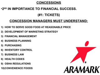 CONCESSIONS
•2ND IN IMPORTANCE TO FINANCIAL SUCCESS.
                          (#1: TICKETS)
     CONCESSION MANAGERS MUST UNDERSTAND:
1) HOW TO SERVE GOOD FOOD AT REASONABLE PRICE
2) DEVELOPMENT OF MARKETING STRATEGY
3) FINANCIAL MANAGEMENT
4) BUSINESS PLANNING
5) PURCHASING
6) INVENTORY CONTROL
7) BUSINESS LAW
8) HEALTH CODES
9) OSHA REGULATIONS
10)CONVENIENCE FOODS
 