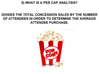 9) WHAT IS A PER CAP ANALYSIS?


DIVIDES THE TOTAL CONCESSION SALES BY THE NUMBER
 OF ATTENDEES IN ORDER TO DETERMINE THE AVERAGE
               ATTENDEE PURCHASE.
 
