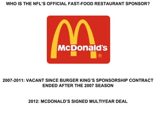 WHO IS THE NFL’S OFFICIAL FAST-FOOD RESTAURANT SPONSOR?




2007-2011: VACANT SINCE BURGER KING’S SPONSORSHIP CONTRACT
                ENDED AFTER THE 2007 SEASON


         2012: MCDONALD’S SIGNED MULTIYEAR DEAL
 