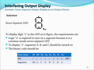 Interfacing Output DisplayInterfacing Output Display
Example: Seven Segment Output Display as an Output Device
Solution:
Seven-Segment LED
To display digit "7" at the LED as in figure, the requirements are:
Logic "0" is required to turn on a segment because it is a
common-anode seven-segment LED
To display "7", segments A, B, and C should be turned on
The binary code should be:
30
Data Lines D7 D6 D5 D4 D3 D2 D1 D0
Bits 1 1 1 1 1 0 0 0 78H
Segments NC G F E D C B A
 