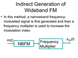 Indirect Generation of
Wideband FM
• In this method, a narrowband frequency-
modulated signal is first generated and then a
frequency multiplier is used to increase the
modulation index.
m(t)
NBFM
xFM(t)
Frequency
Multiplier
 
