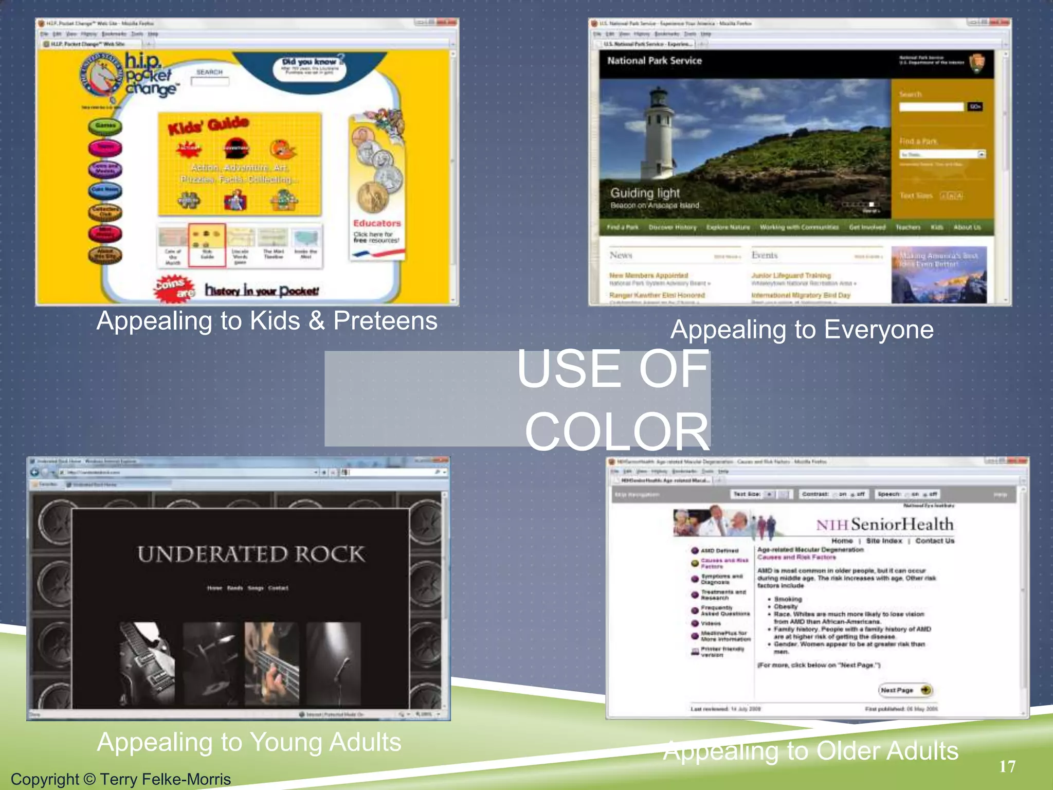 Copyright © Terry Felke-Morris
USE OF
COLOR
Appealing to Kids & Preteens
17
Appealing to Young Adults
Appealing to Everyone
Appealing to Older Adults
 