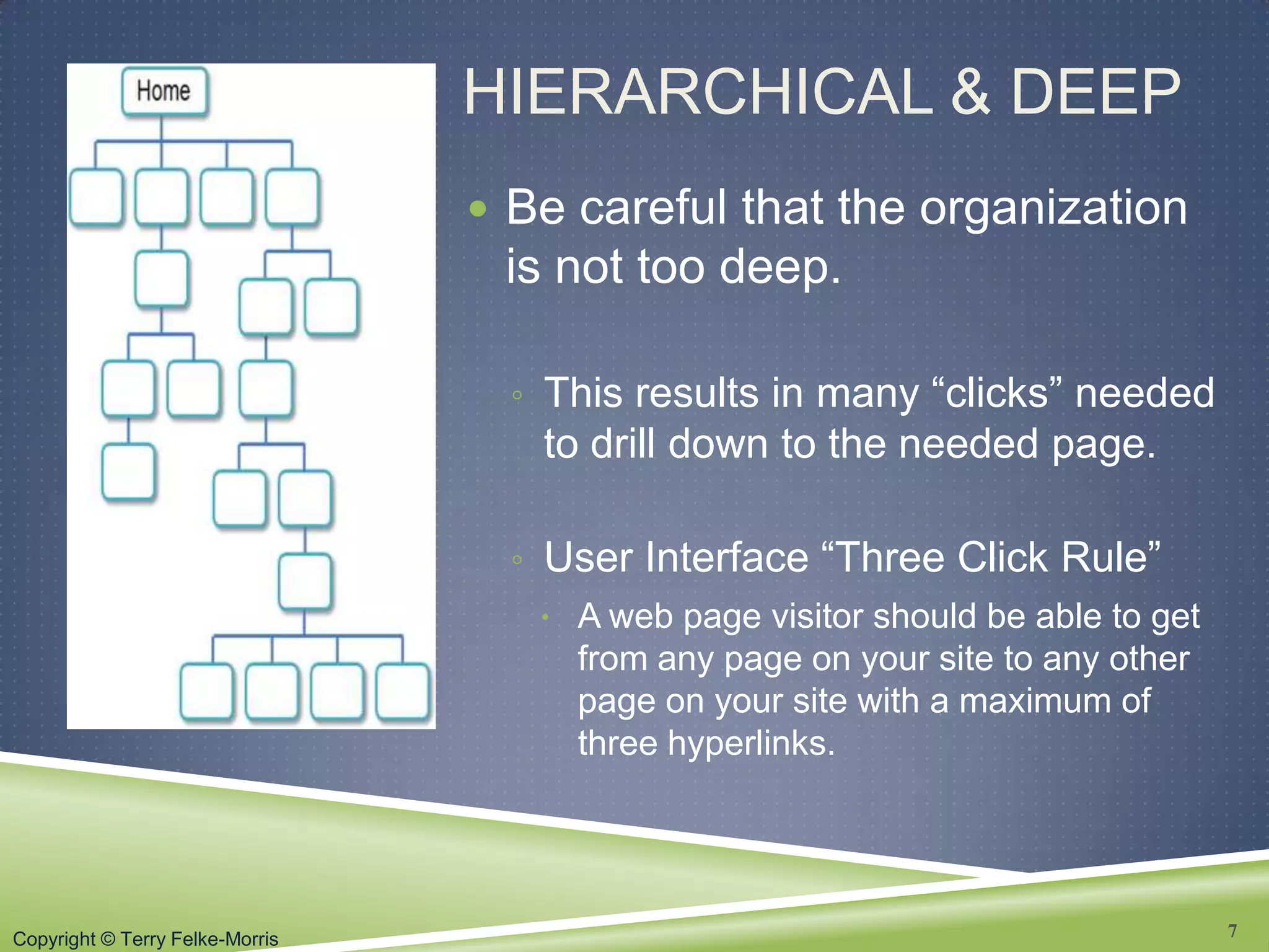 Copyright © Terry Felke-Morris
HIERARCHICAL & DEEP
 Be careful that the organization
is not too deep.
◦ This results in many “clicks” needed
to drill down to the needed page.
◦ User Interface “Three Click Rule”
 A web page visitor should be able to get
from any page on your site to any other
page on your site with a maximum of
three hyperlinks.
7
 