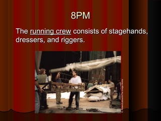 8PM8PM
TheThe running crewrunning crew consists of stagehands,consists of stagehands,
dressers, and riggers.dressers, and riggers.
O.Rotem/Lebrecht/TheImageWorks
 