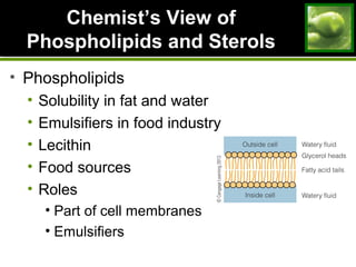 ChemistChemist’s View of’s View of
Phospholipids and SterolsPhospholipids and Sterols
• Phospholipids
• Solubility in fat and water
• Emulsifiers in food industry
• Lecithin
• Food sources
• Roles
• Part of cell membranes
• Emulsifiers
 