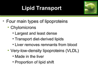 Lipid TransportLipid Transport
• Four main types of lipoproteins
• Chylomicrons
• Largest and least dense
• Transport diet-derived lipids
• Liver removes remnants from blood
• Very-low-density lipoproteins (VLDL)
• Made in the liver
• Proportion of lipid shift
 