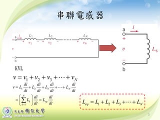 串聯電感器
KVL
1 2 3 Nv v v v v= + + + +
1 2 3
1
N
N
k eq
k
di di di di
v L L L L
dt dt dt dt
di di
L L
dt dt=
= + + + +
 
= 
 
∑

1 2 3eq NL L L L L= + + + +
21
 