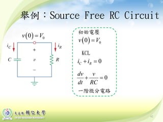 舉例：Source Free RC Circuit
( ) 00v V=
初始電壓
KCL
0C Ri i+ =
0
dv v
dt RC
+ =
一階微分電路
62
( ) 00v V=
 