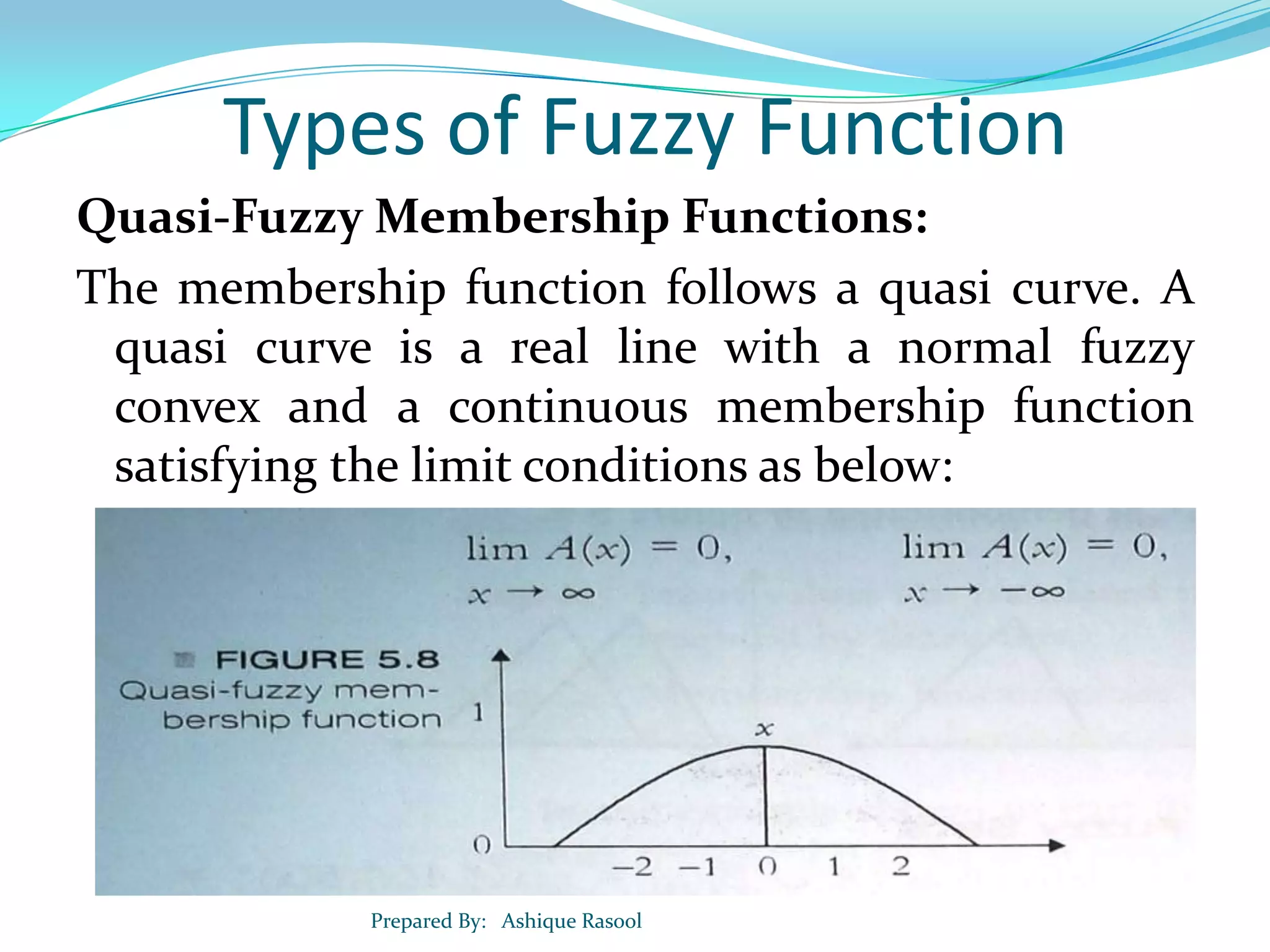 Types of Fuzzy Function
Quasi-Fuzzy Membership Functions:
The membership function follows a quasi curve. A
quasi curve is a real line with a normal fuzzy
convex and a continuous membership function
satisfying the limit conditions as below:

Prepared By: Ashique Rasool

 