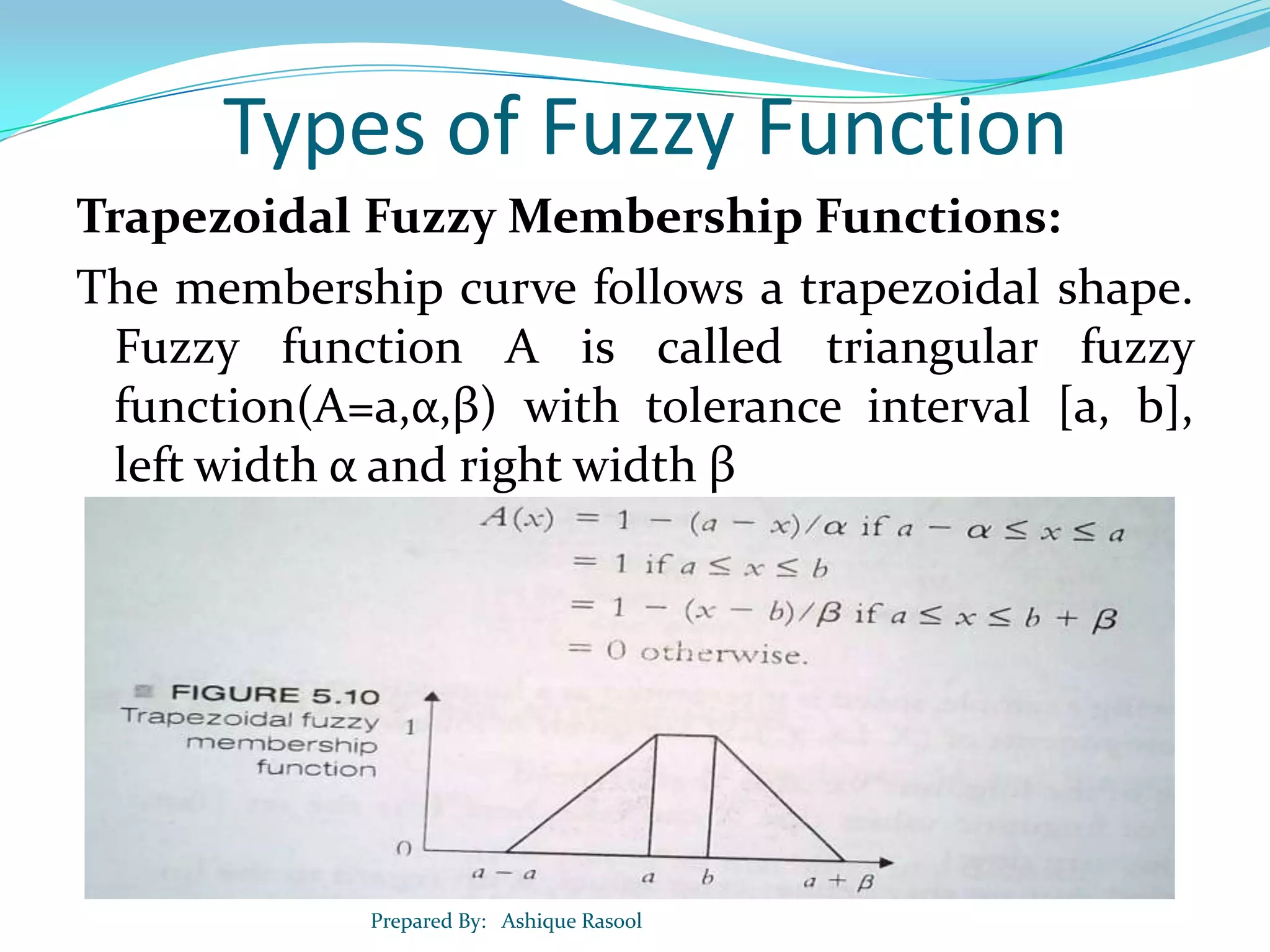 Types of Fuzzy Function
Trapezoidal Fuzzy Membership Functions:
The membership curve follows a trapezoidal shape.
Fuzzy function A is called triangular fuzzy
function(A=a,α,β) with tolerance interval [a, b],
left width α and right width β

Prepared By: Ashique Rasool

 