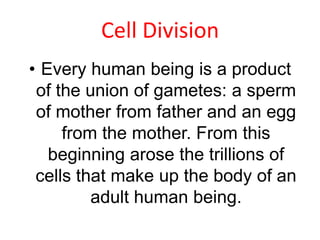 Cell Division
• Every human being is a product
of the union of gametes: a sperm
of mother from father and an egg
from the mother. From this
beginning arose the trillions of
cells that make up the body of an
adult human being.

 