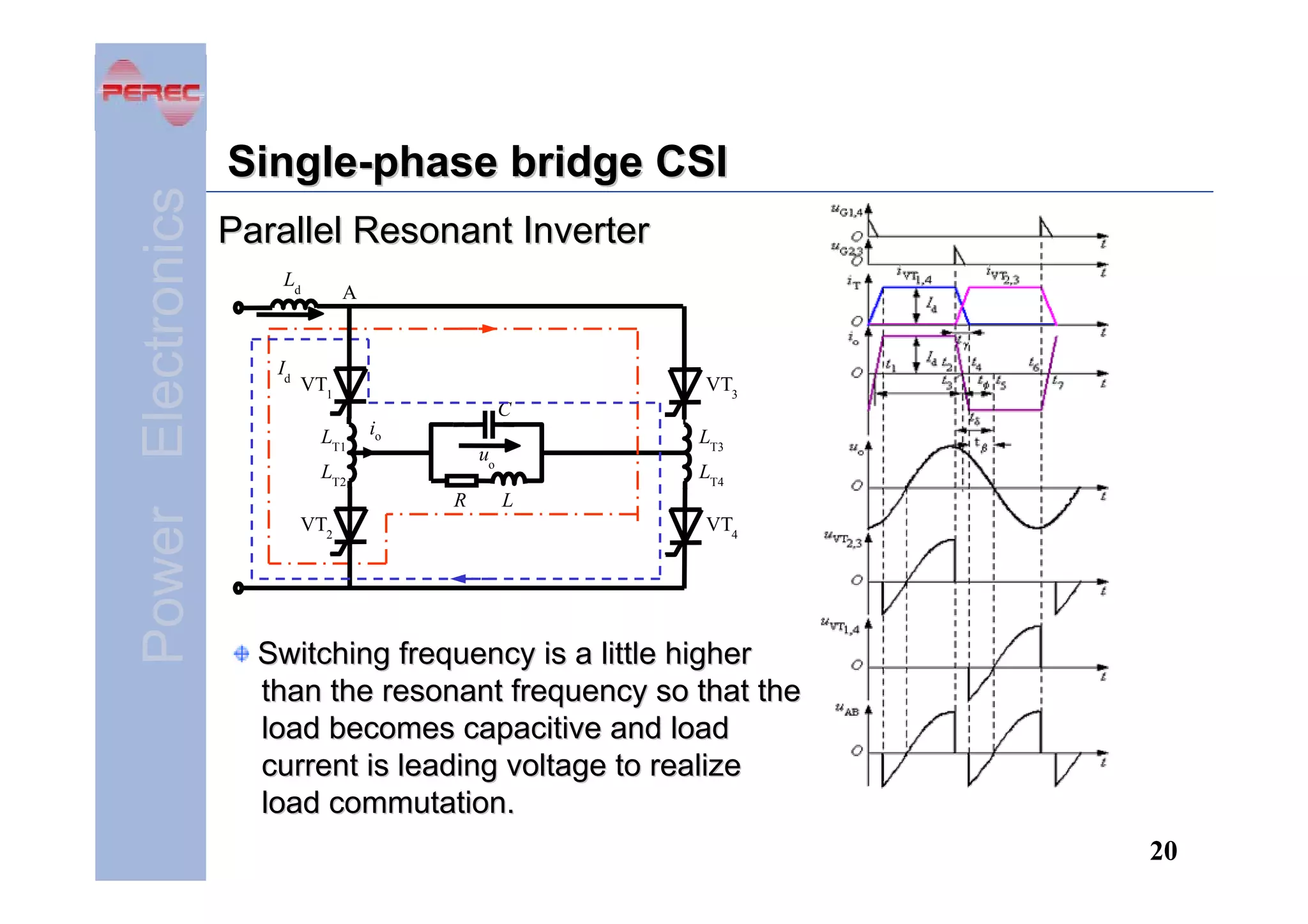 Power Electronics

Single-phase bridge CSI
Parallel Resonant Inverter
Ld

Id

A

VT1

VT3
C

LT1

io

LT2
R
VT2

LT3

uo

LT4
L
VT4

Switching frequency is a little higher
than the resonant frequency so that the
load becomes capacitive and load
current is leading voltage to realize
load commutation.
20

 