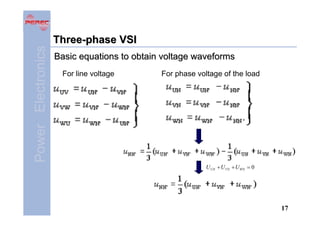 Power Electronics

Three-phase VSI
Basic equations to obtain voltage waveforms
For line voltage

For phase voltage of the load

U UN + U VN + U WN = 0

17

 