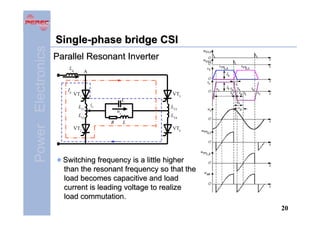 Power Electronics

Single-phase bridge CSI
Parallel Resonant Inverter
Ld

Id

A

VT1

VT3
C

LT1

io

LT2
R
VT2

LT3

uo

LT4
L
VT4

Switching frequency is a little higher
than the resonant frequency so that the
load becomes capacitive and load
current is leading voltage to realize
load commutation.
20

 