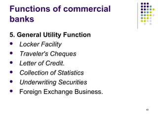 Functions of commercial
banks
5. General Utility Function
 Locker Facility
 Traveler's Cheques
 Letter of Credit.
 Collection of Statistics
 Underwriting Securities
 Foreign Exchange Business.
45
 