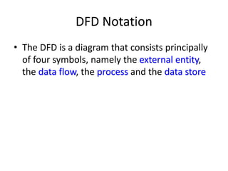 DFD Notation
• The DFD is a diagram that consists principally
of four symbols, namely the external entity,
the data flow, the process and the data store
 