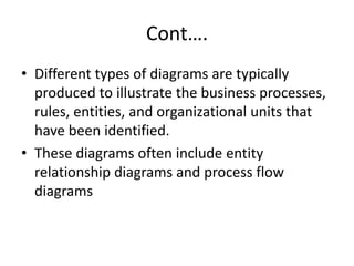 Cont….
• Different types of diagrams are typically
produced to illustrate the business processes,
rules, entities, and organizational units that
have been identified.
• These diagrams often include entity
relationship diagrams and process flow
diagrams
 