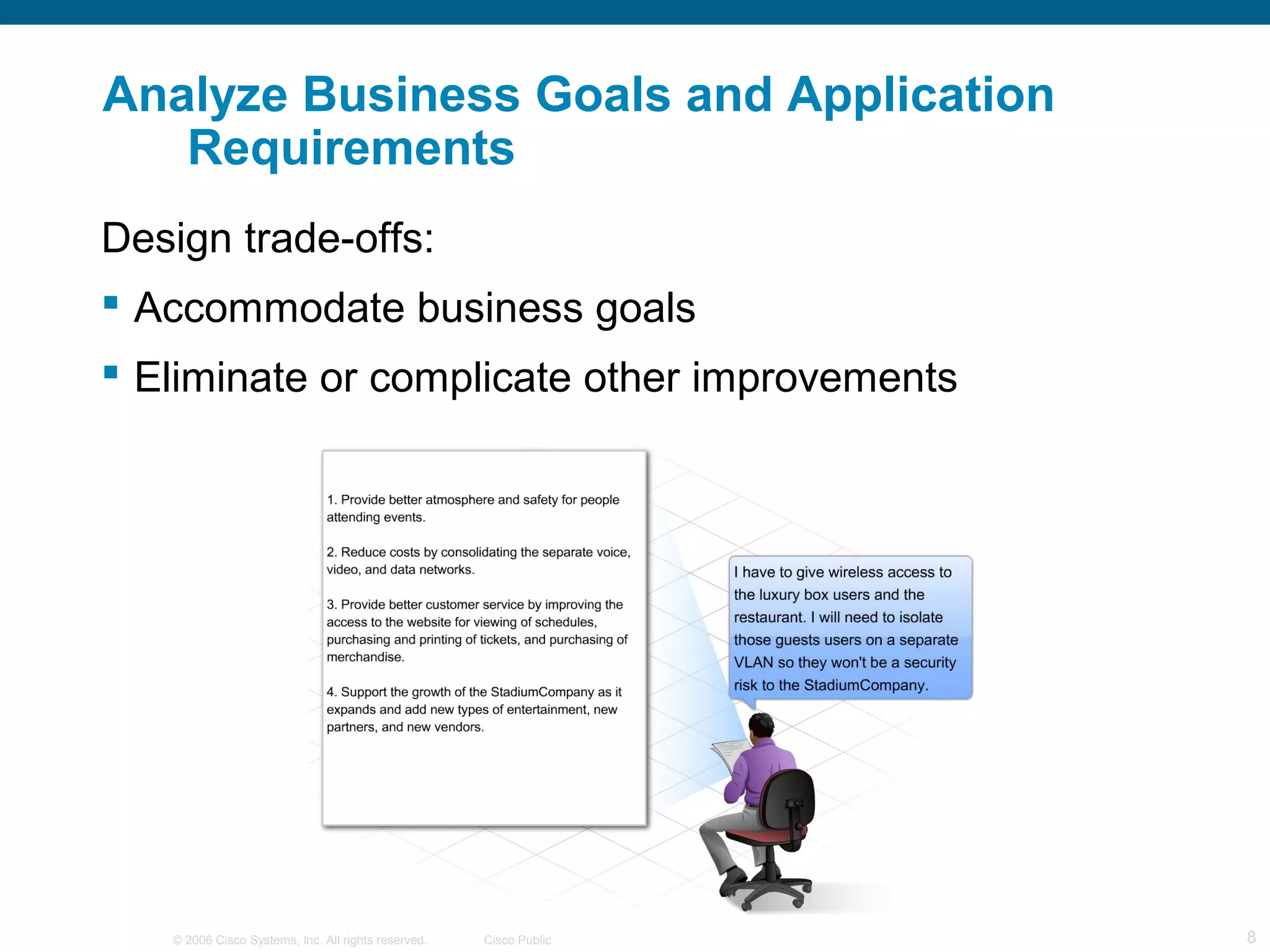 © 2006 Cisco Systems, Inc. All rights reserved. Cisco Public 8
Analyze Business Goals and Application
Requirements
Design trade-offs:
 Accommodate business goals
 Eliminate or complicate other improvements
 