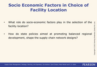Copyright © 2013 Dorling Kindersley (India) Pvt. Ltd. 
Socio Economic Factors in Choice of 
Facility Location 
• What role do socio-economic factors play in the selection of the 
facility location? 
• How do state policies aimed at promoting balanced regional 
development, shape the supply chain network designs? 
Supply Chain Management: Strategy, Planning, and Operation, 5/e Authors: Sunil Chopra, Peter Meindl and D. V. Kalra 
 