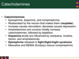Catecholamines
• Catecholamines
• Epinephrine, dopamine, and norepinephrine
• Reabsorbed by the neuron that makes them (reuptake)
• Increase causes stimulation; decrease causes depression
• Amphetamines and cocaine initially increase
catecholamines, followed by depletion
• Dopamine levels are influenced by marijuana, nicotine,
heroin, and amphetamines
• Epinephrine released in fight-flight-fright syndrome
• Mescaline and MDMA (Ecstasy) reduce norepinephrine
 