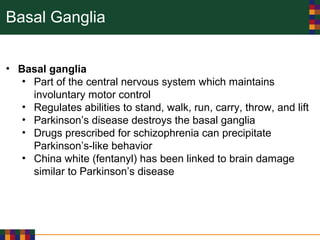 Basal Ganglia
• Basal ganglia
• Part of the central nervous system which maintains
involuntary motor control
• Regulates abilities to stand, walk, run, carry, throw, and lift
• Parkinson’s disease destroys the basal ganglia
• Drugs prescribed for schizophrenia can precipitate
Parkinson’s-like behavior
• China white (fentanyl) has been linked to brain damage
similar to Parkinson’s disease
 