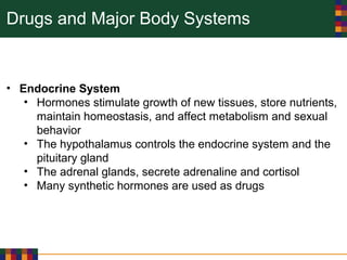 Drugs and Major Body Systems
• Endocrine System
• Hormones stimulate growth of new tissues, store nutrients,
maintain homeostasis, and affect metabolism and sexual
behavior
• The hypothalamus controls the endocrine system and the
pituitary gland
• The adrenal glands, secrete adrenaline and cortisol
• Many synthetic hormones are used as drugs
 