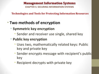 Management Information SystemsManagement Information Systems
• Two methods of encryption
• Symmetric key encryption
• Sender and receiver use single, shared key
• Public key encryption
• Uses two, mathematically related keys: Public
key and private key
• Sender encrypts message with recipient’s public
key
• Recipient decrypts with private key
Technologies and Tools for Protecting Information Resources
CHAPTER 5: SECURING INFORMATION SYSTEMS
40
 